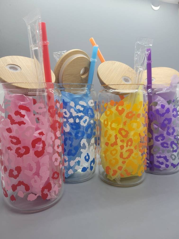 Custom / Personalized / Name 16oz Iced Coffee Glass with Bamboo Lid & Plastic Straw, Can Shaped Coffee Cup Gift