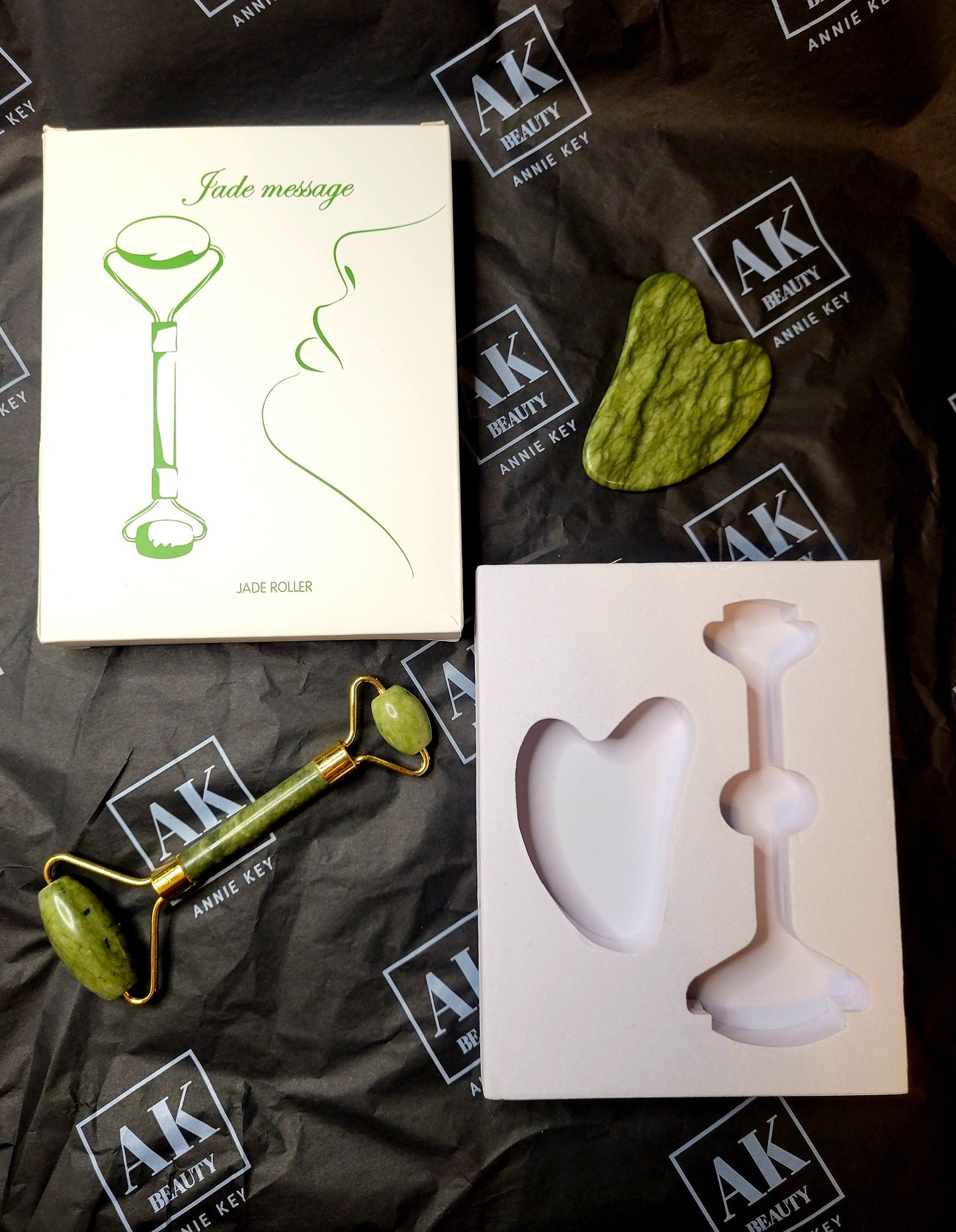 Facial spa skin face roller + gua sha GIFT SET / 100% natural jade stone set by AnnieKeyBeauty Co. / beauty gift self care body massage