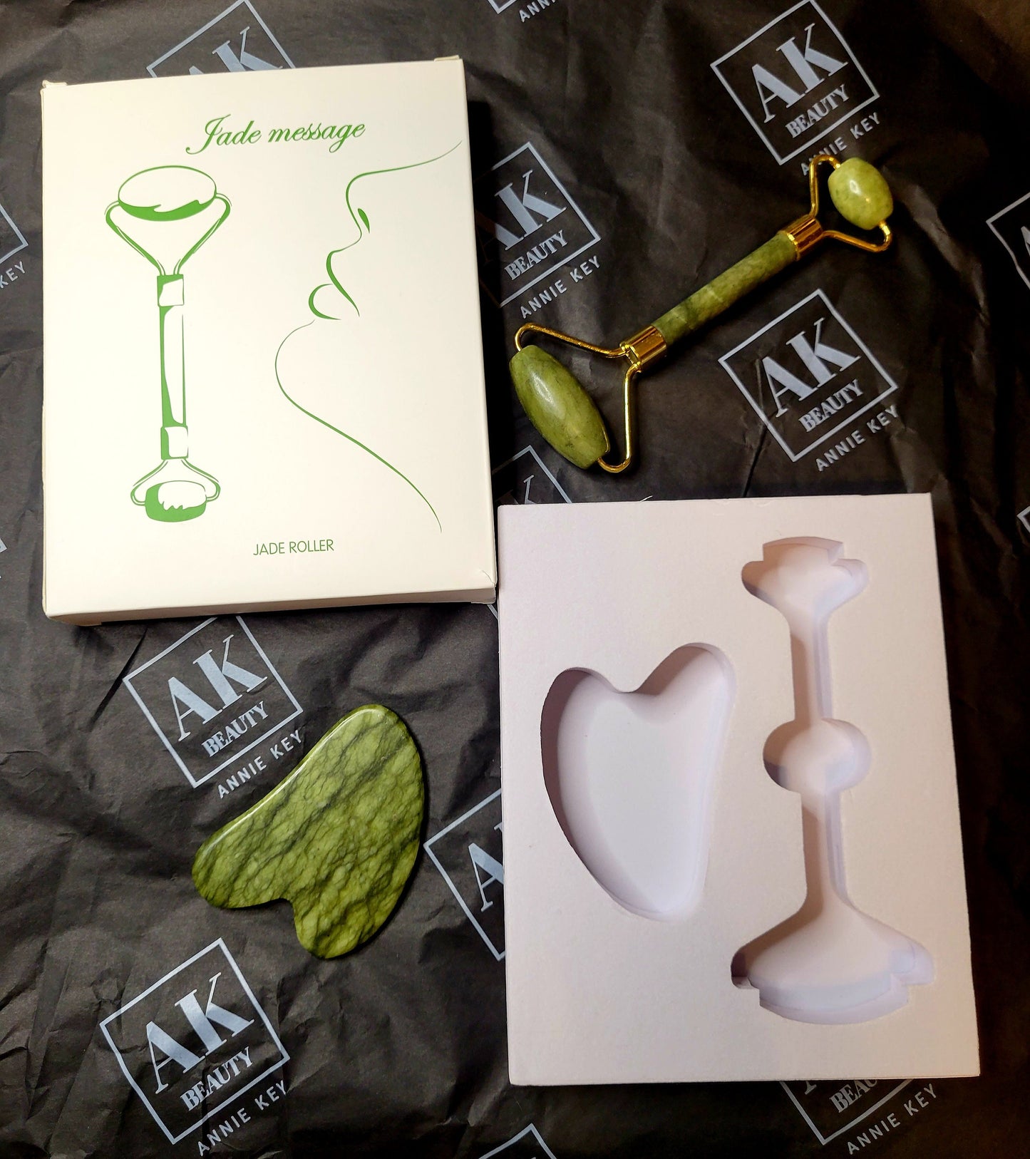 Facial spa skin face roller + gua sha GIFT SET / 100% natural jade stone set by AnnieKeyBeauty Co. / beauty gift self care body massage