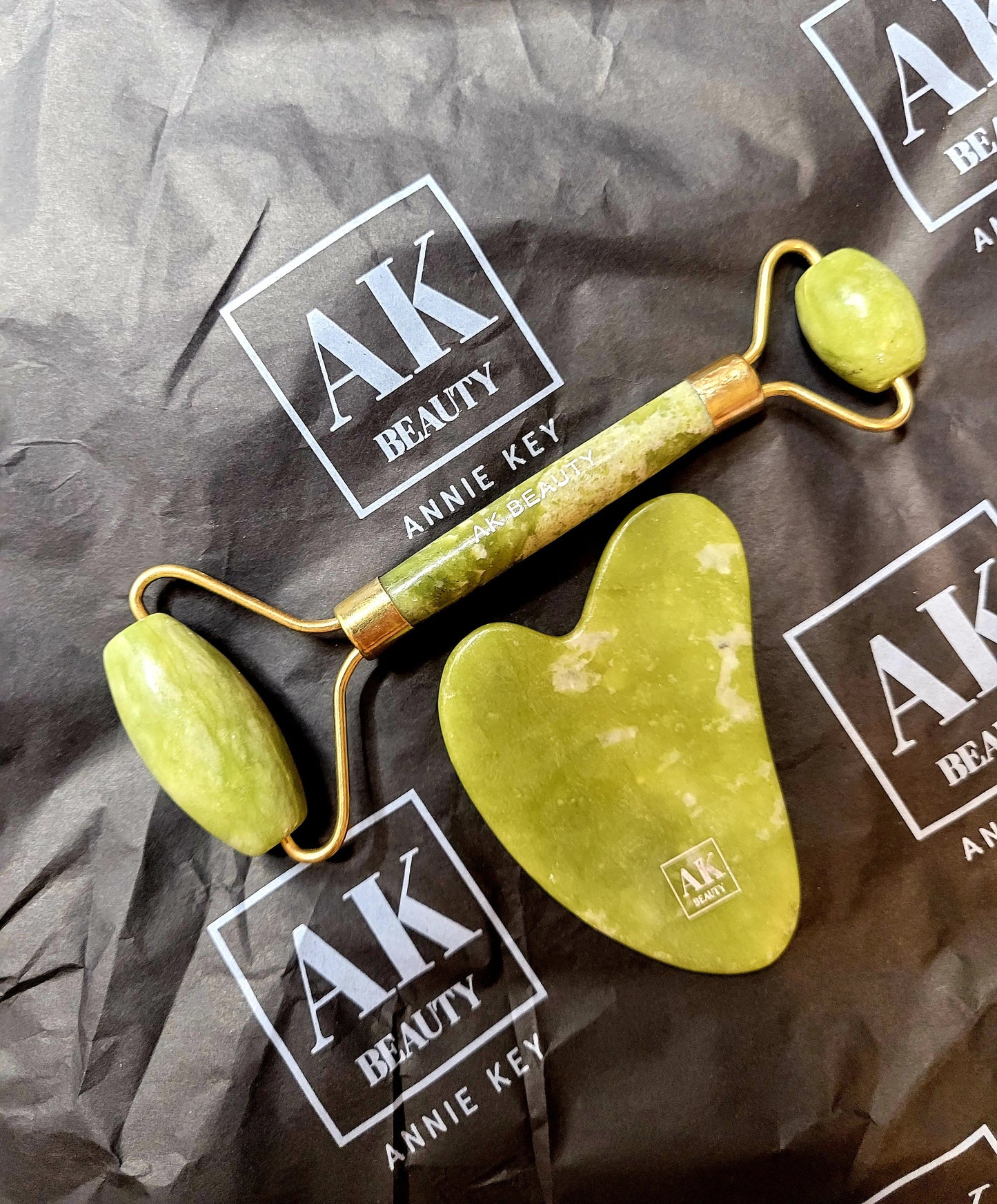 Facial spa skin face roller + gua sha GIFT SET / 100% natural jade stone set by AnnieKeyBeauty Co. / beauty gift self care body massage