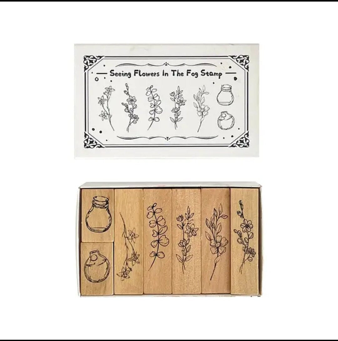 Vintage lotus plant hand account stamp bottle creative DIY fog look at flowers wood stamp set 7 pieces