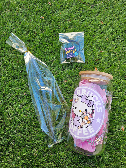 Disney winnie the pooh/ hello kitty UV DTF transfer 16oz glass cup with Bamboo Lid and glass straw with hello kitty topper / tea starbucks