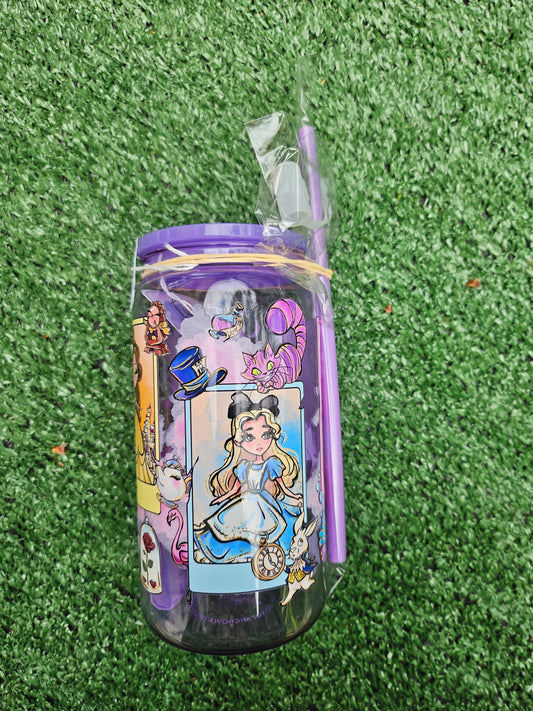 PRINCESSes & Alice in wonderland  adult GLASS 16oz cup set with lid ,straw and topper / tea coffee juice drink hydrate/ Disney