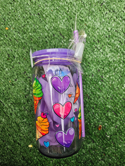 ICECREAM HEARTS GLASS 16oz cup set with lid ,straw and topper / tea coffee juice drink hydrate/ Disney