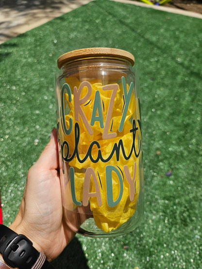 Crazy Plant Lady nature flowers plants / living soothing succulent/ gift set bundle comfy 16oz glass cup with Bamboo Lid glass straw and top