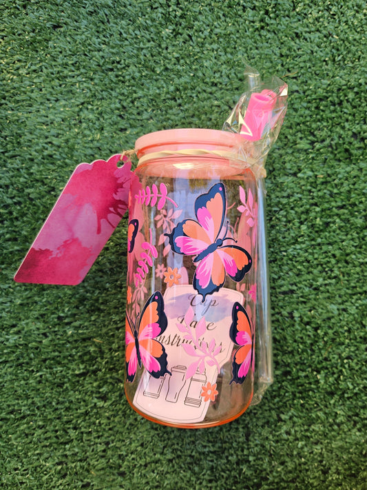 PINK BUTTERFLIES custom cute glass  16oz cup set with lid ,straw and topper / tea coffee juice drink hydrate/ Disney