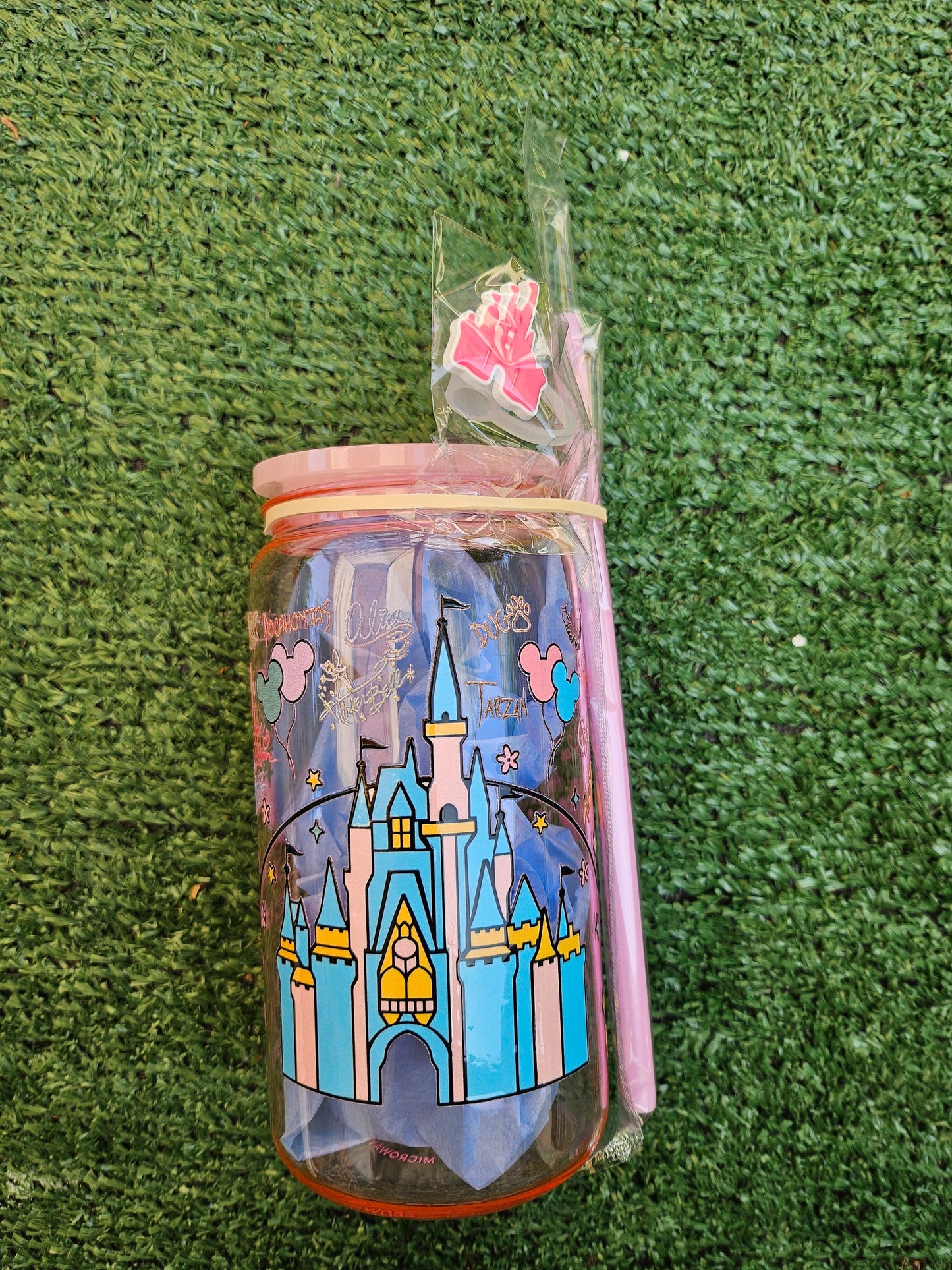 DISNEYLAND CASTLE mickey mous kids teens school plastic 16oz cup set with lid ,straw and topper / tea coffee juice drink hydrate/ Disney