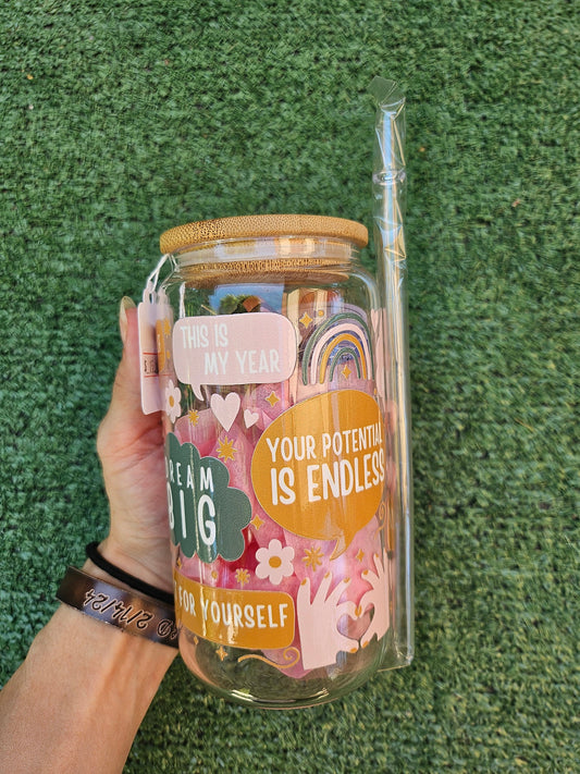 DREAM BIG 16oz glass cup ,bamboo lid,straw ,topper / take care relaxation soothing home you matter gift/ tea coffee starbucks custom drink